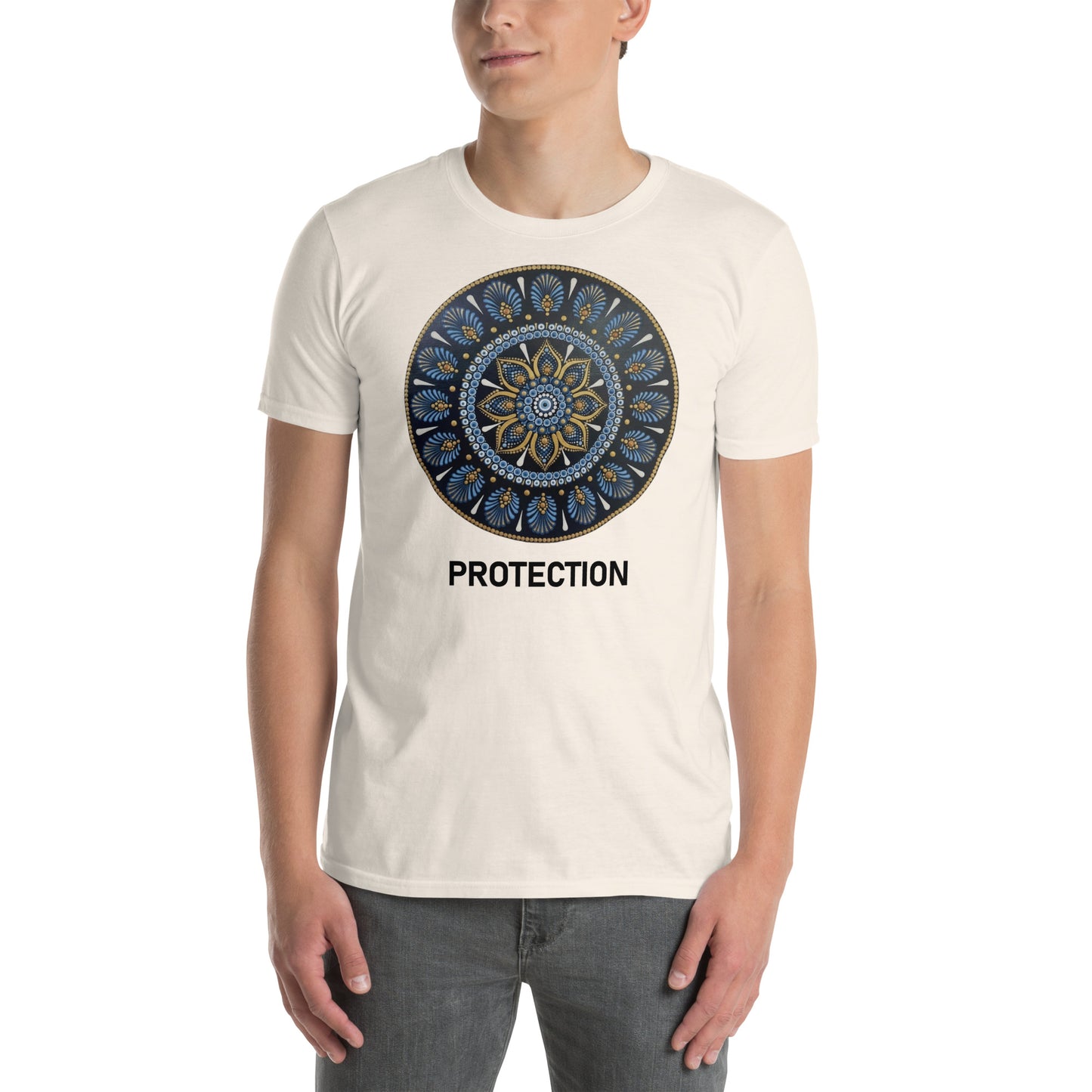Unisex Softstyle T-Shirt (mandala with gold rim on front | PROTECTION in black lettering)
