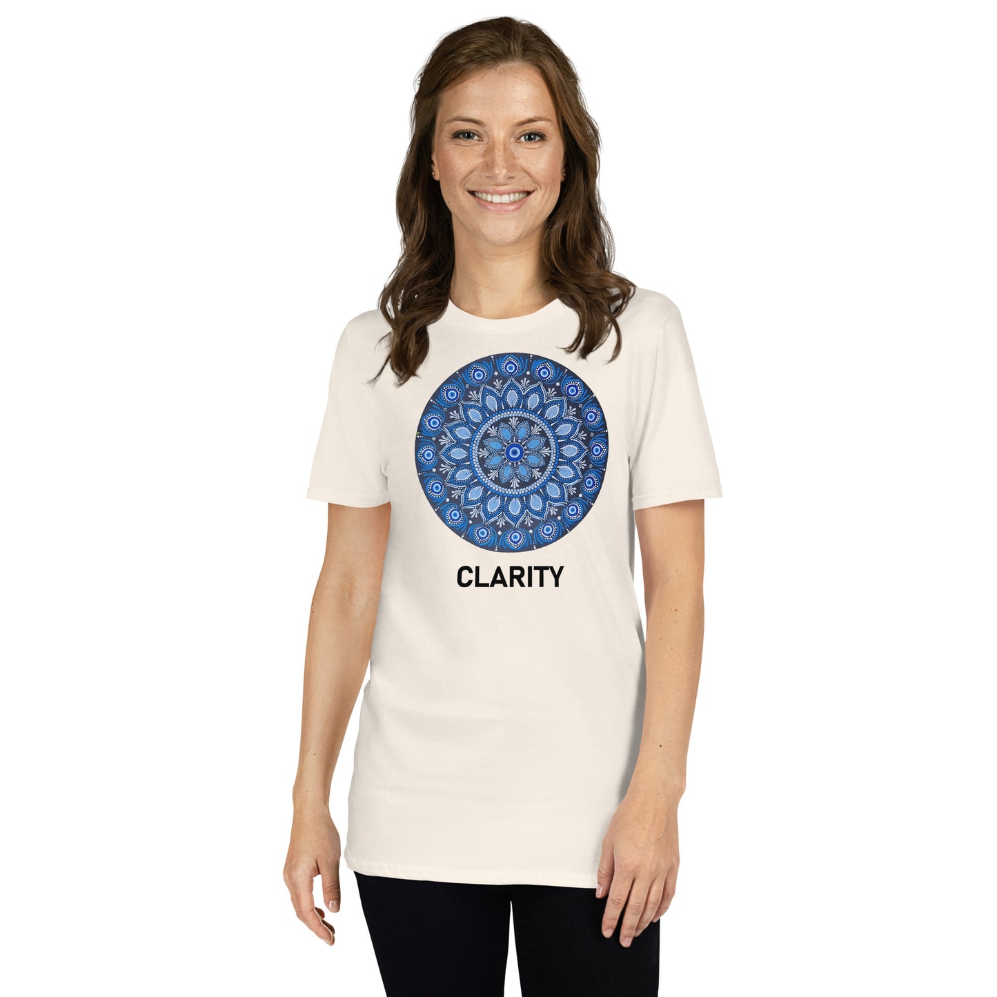 Unisex Softstyle T-Shirt (all blue mandala | on front | CLARITY in black lettering)