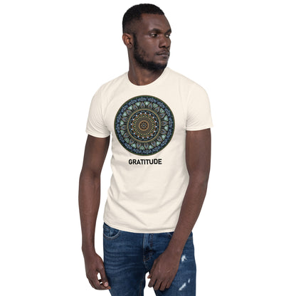 Unisex Softstyle T-Shirt (mandala green and gold rim | on front | GRATITUDE in black lettering)