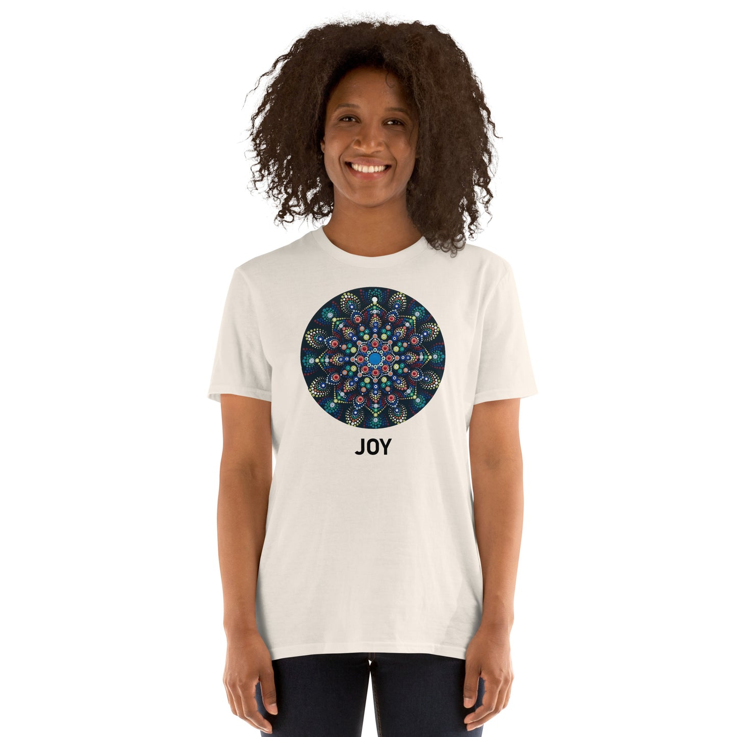 Unisex Softstyle T-Shirt (mandala with colorful dots | on front | JOY in black lettering)