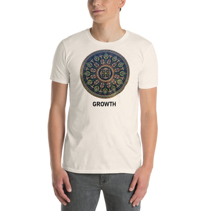 Unisex Softstyle T-Shirt (mandala with cross in the core | on front | GROWTH in black lettering)