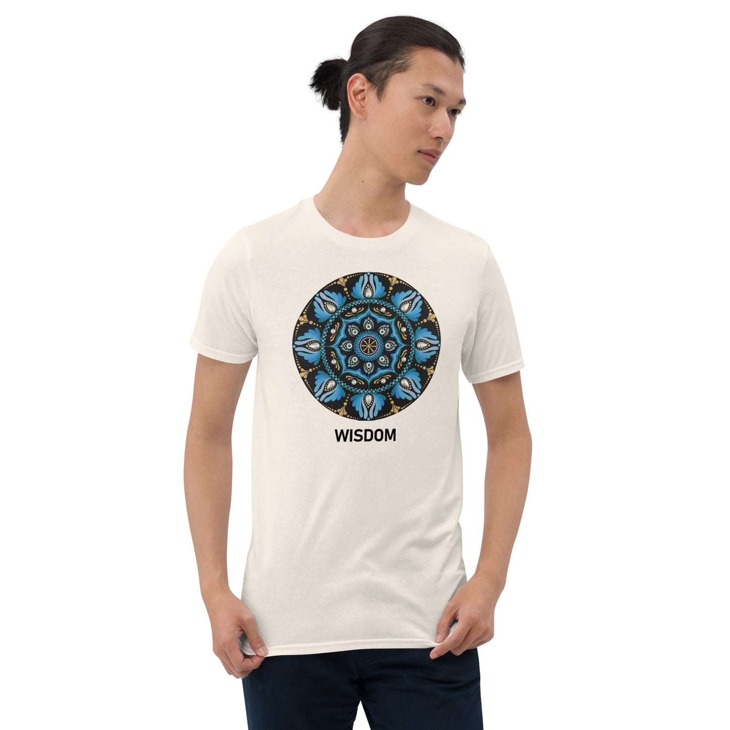 Unisex Softstyle T-Shirt (mandala with spokes in core | on front | WISDOM in black lettering)