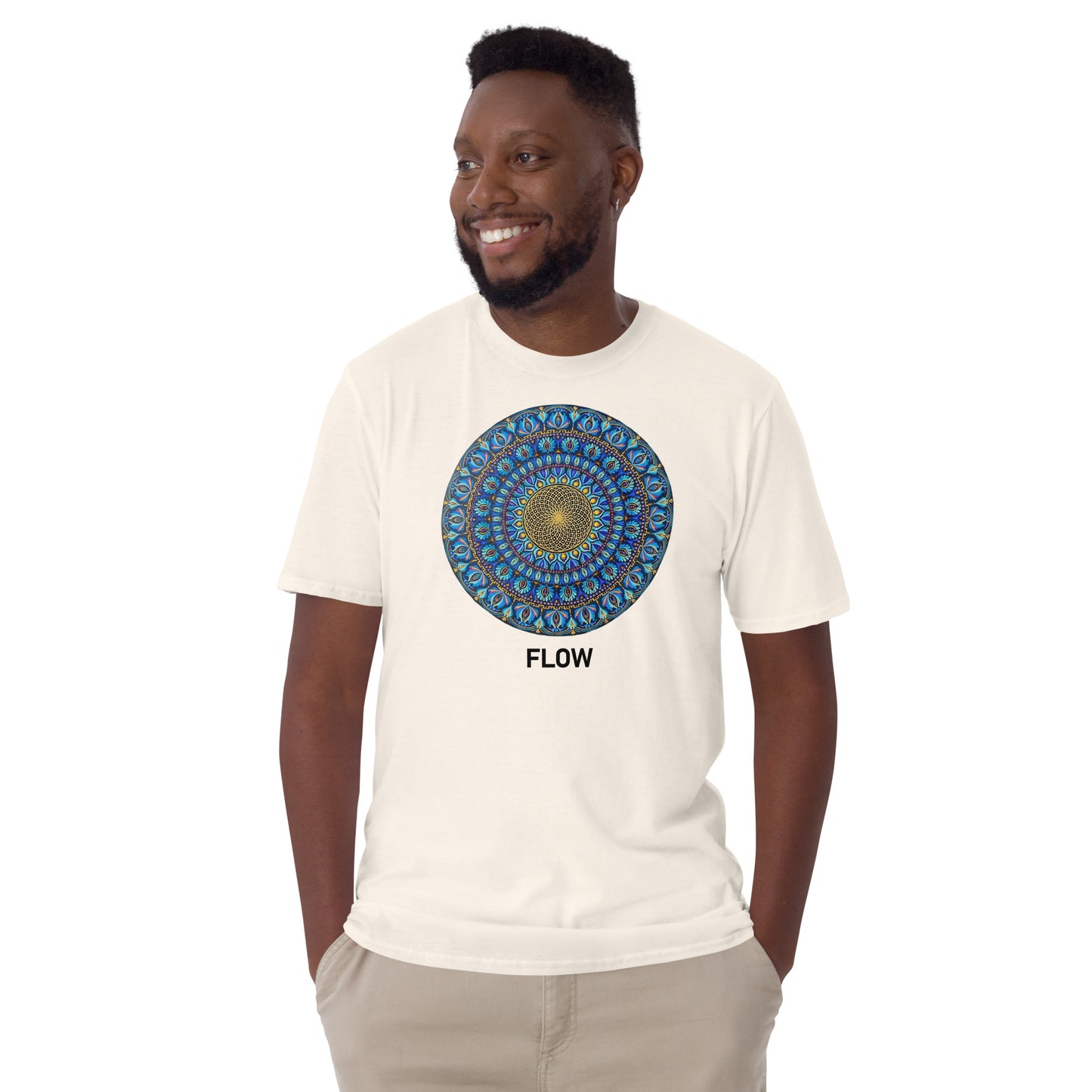 Unisex Softstyle T-Shirt (mandala with golden core | on front | FLOW in black lettering)