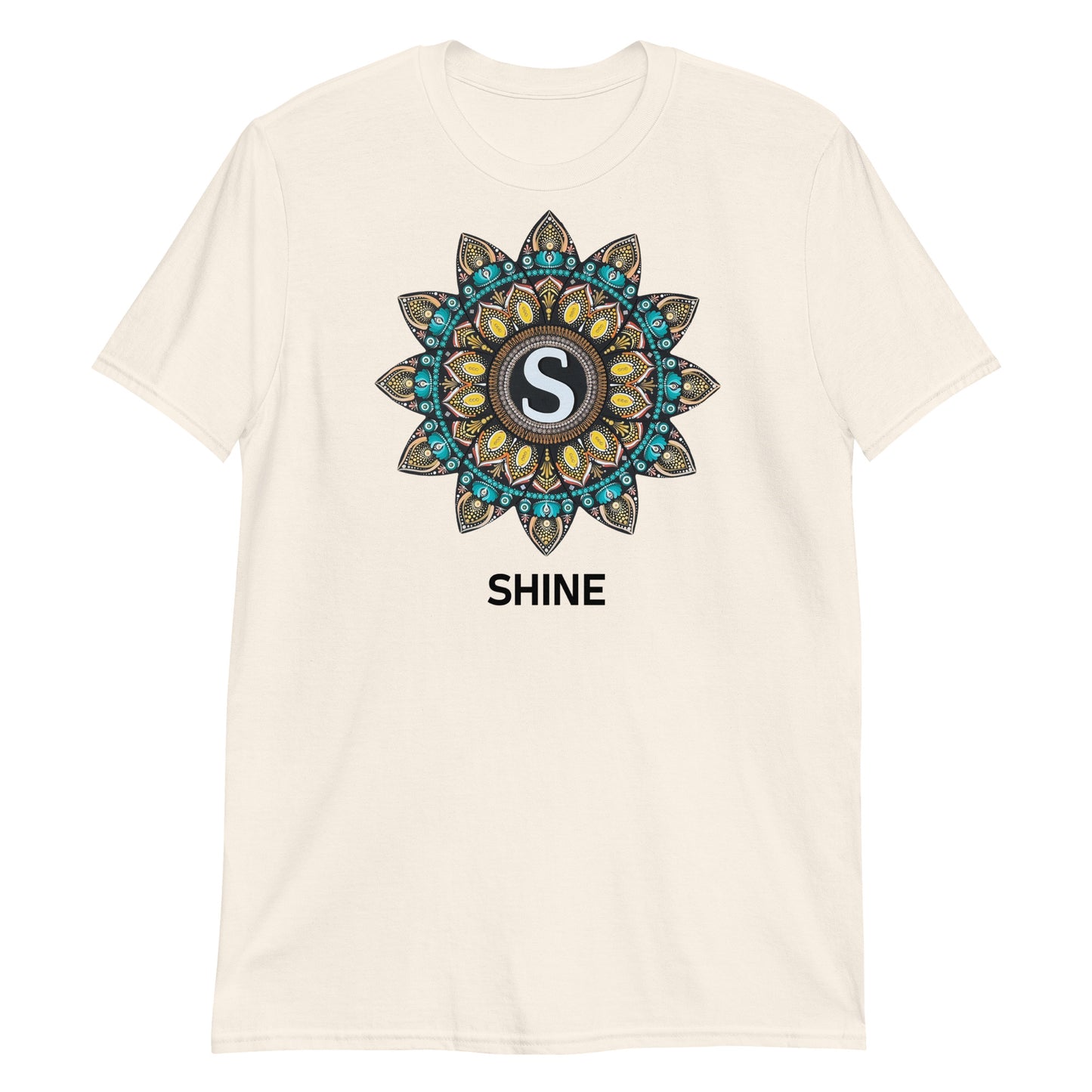 Unisex Softstyle T-Shirt (mandala with "S" in core | on front | SHINE in black lettering)