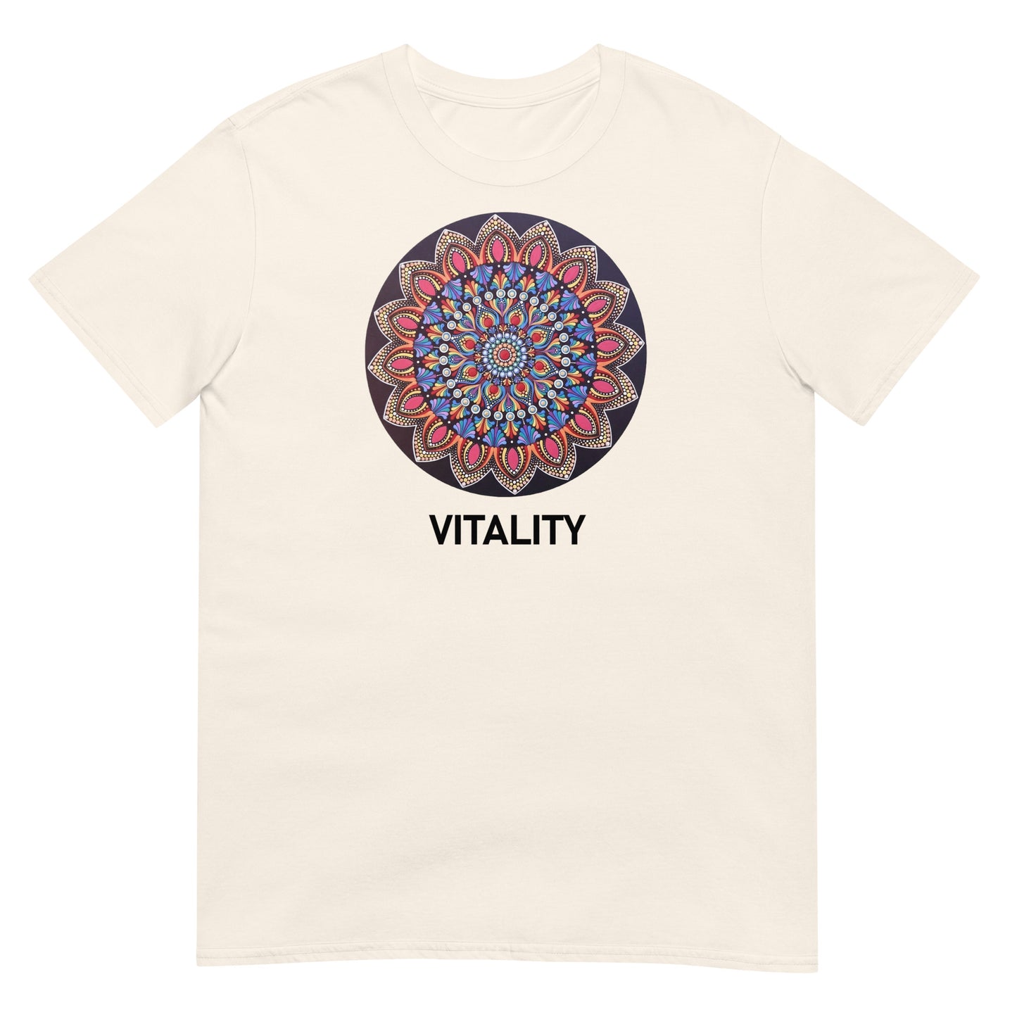 Unisex Softstyle T-Shirt (mandala with pink petals | on front | VITALITY in black lettering)