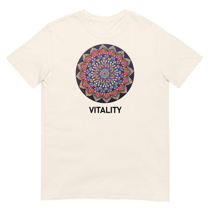 Unisex Softstyle T-Shirt (mandala with pink petals | on front | VITALITY in black lettering)
