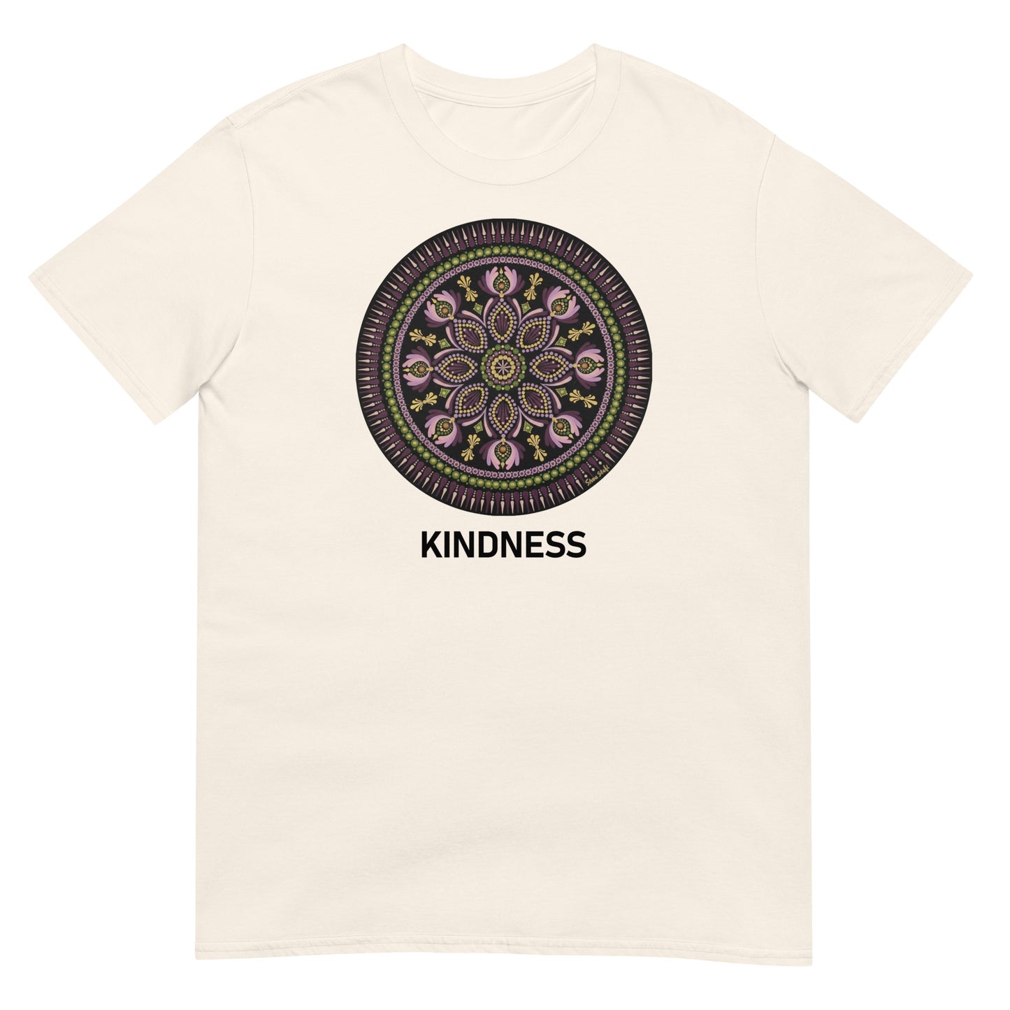 Unisex Softstyle T-Shirt (mandala with magenta rim | on front | KINDNESS in black lettering)