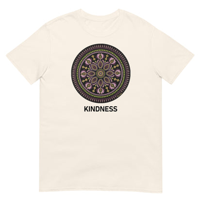 Unisex Softstyle T-Shirt (mandala with magenta rim | on front | KINDNESS in black lettering)