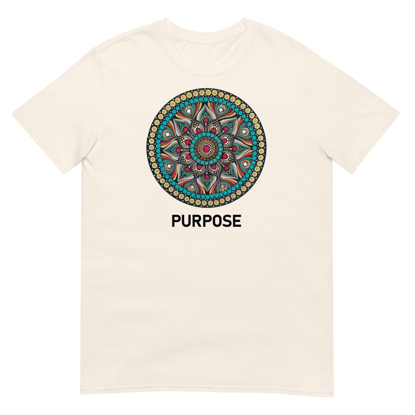 Unisex Softstyle T-Shirt (mandala with red core | on front | PURPOSE in black lettering)