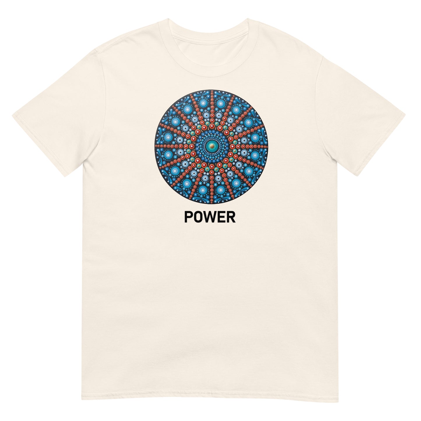 Unisex Softstyle T-Shirt (mandala with red lines | on front | POWER in black lettering)