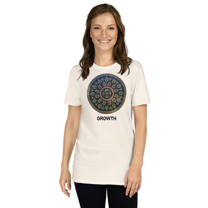 Unisex Softstyle T-Shirt (mandala with cross in the core | on front | GROWTH in black lettering)