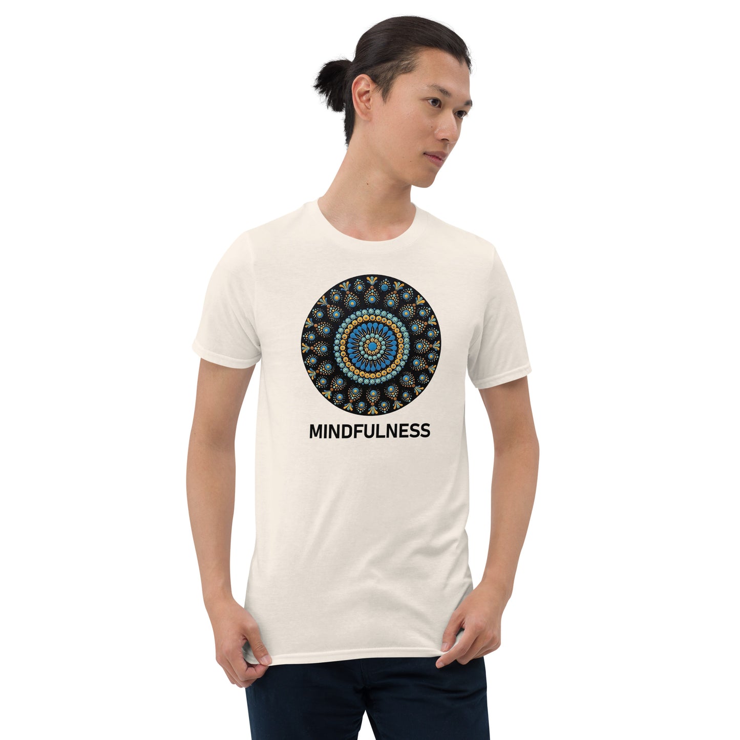 Unisex Softstyle T-Shirt (mandala with blue dots and black back | on front | MINDFULNESS in black lettering)
