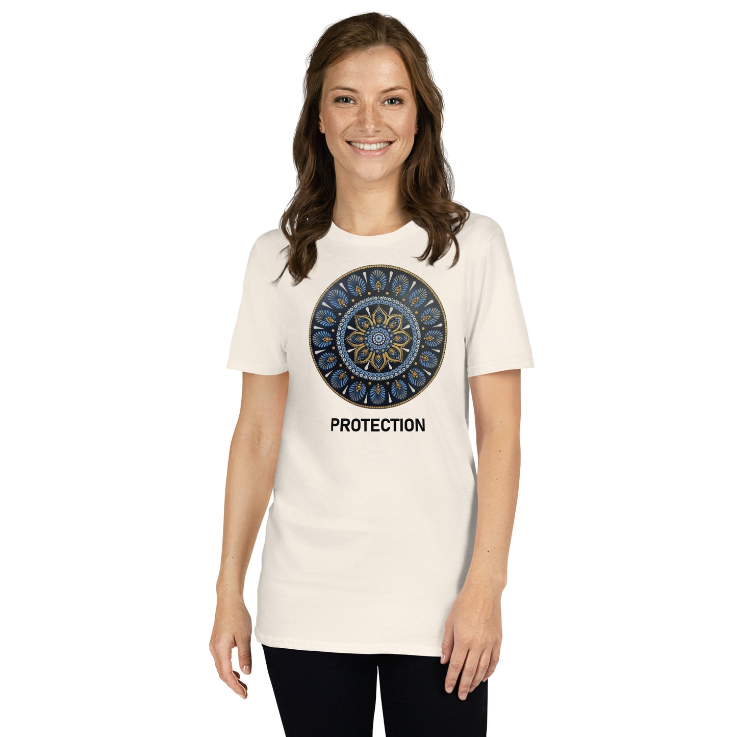 Unisex Softstyle T-Shirt (mandala with gold outer rim | on front | PROTECTION in black lettering)