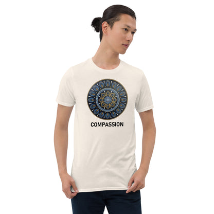 Unisex Softstyle T-Shirt (mandala with gold rim | on front | COMPASSION in black lettering)