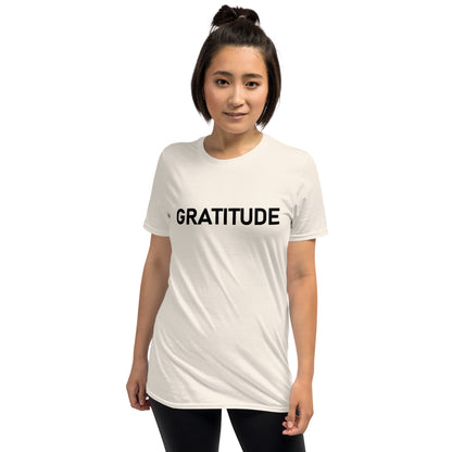 Unisex Softstyle T-Shirt (mandala green and gold rim on back | GRATITUDE in black lettering on front)