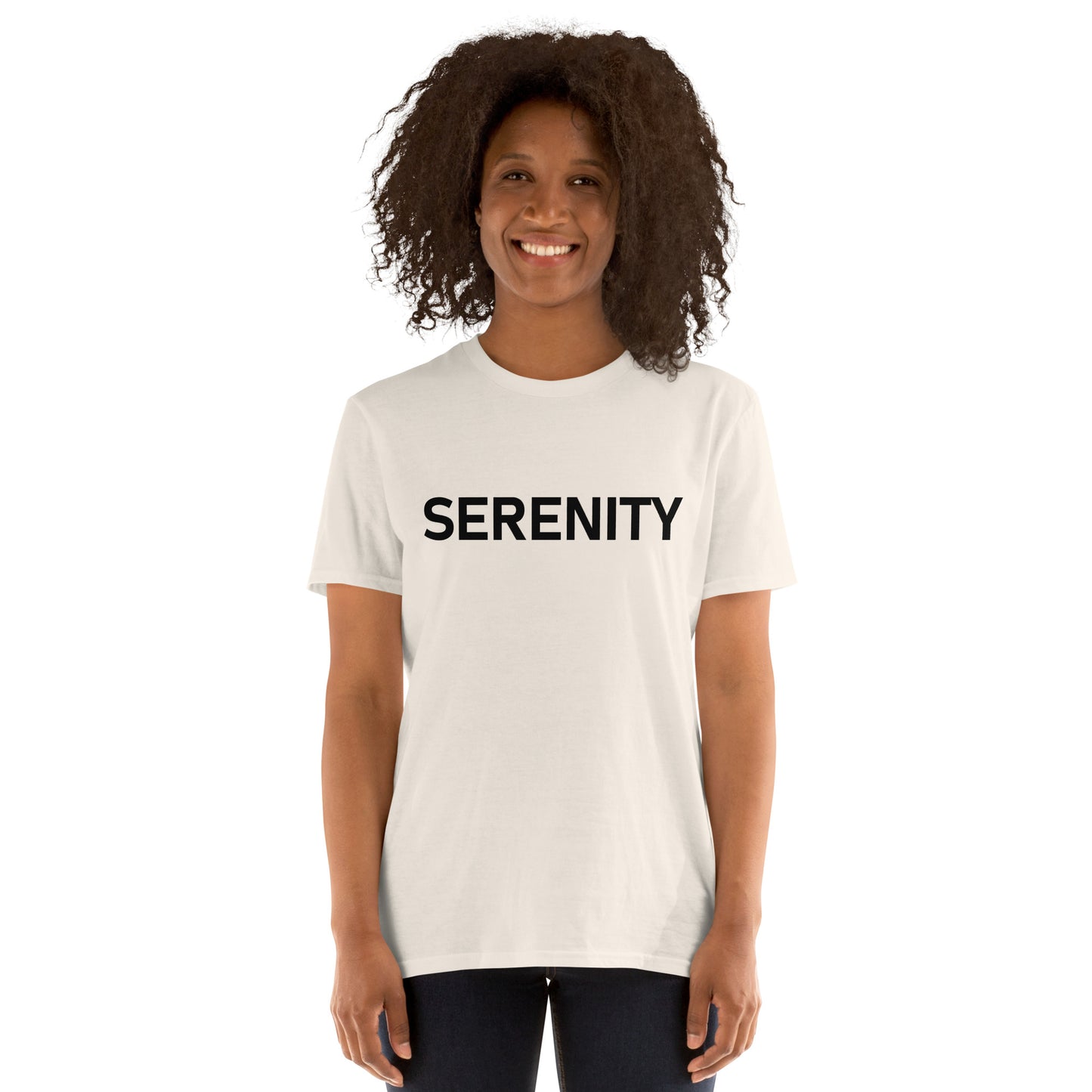 Unisex Softstyle T-Shirt (mandala with blue and white core on back | SERENITY in black lettering on front)
