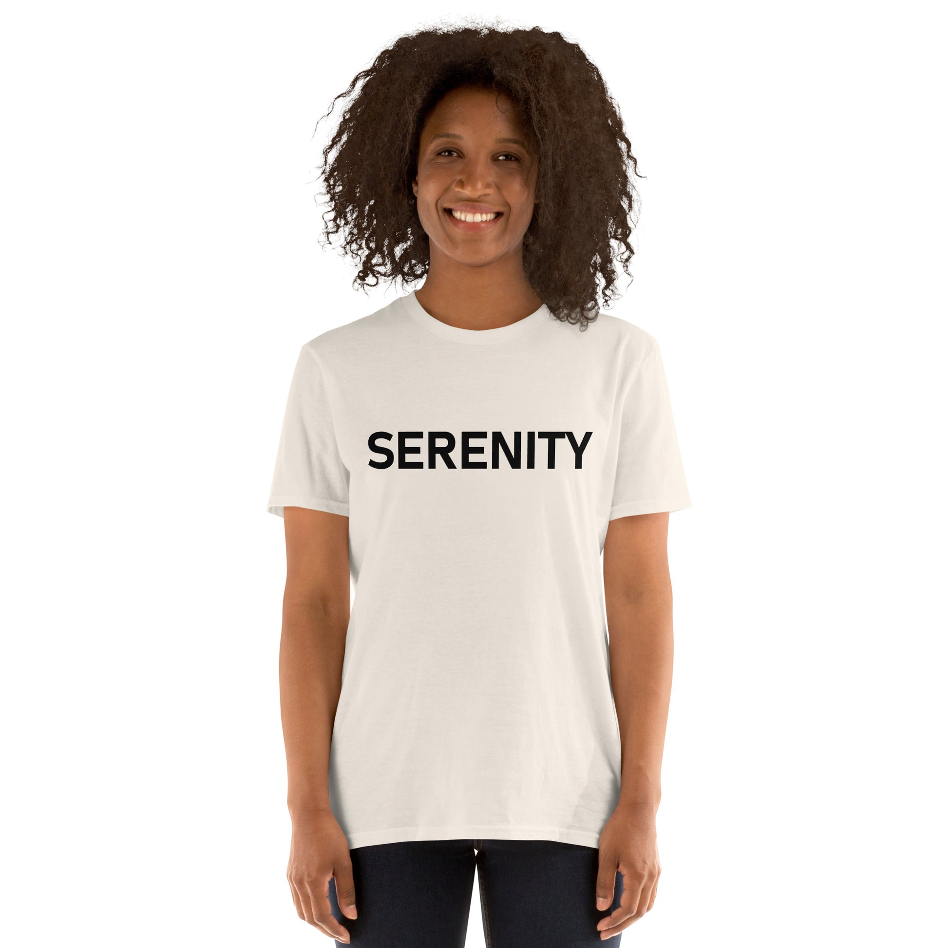 Unisex Softstyle T-Shirt (mandala with blue and white core on back | SERENITY in black lettering on front)