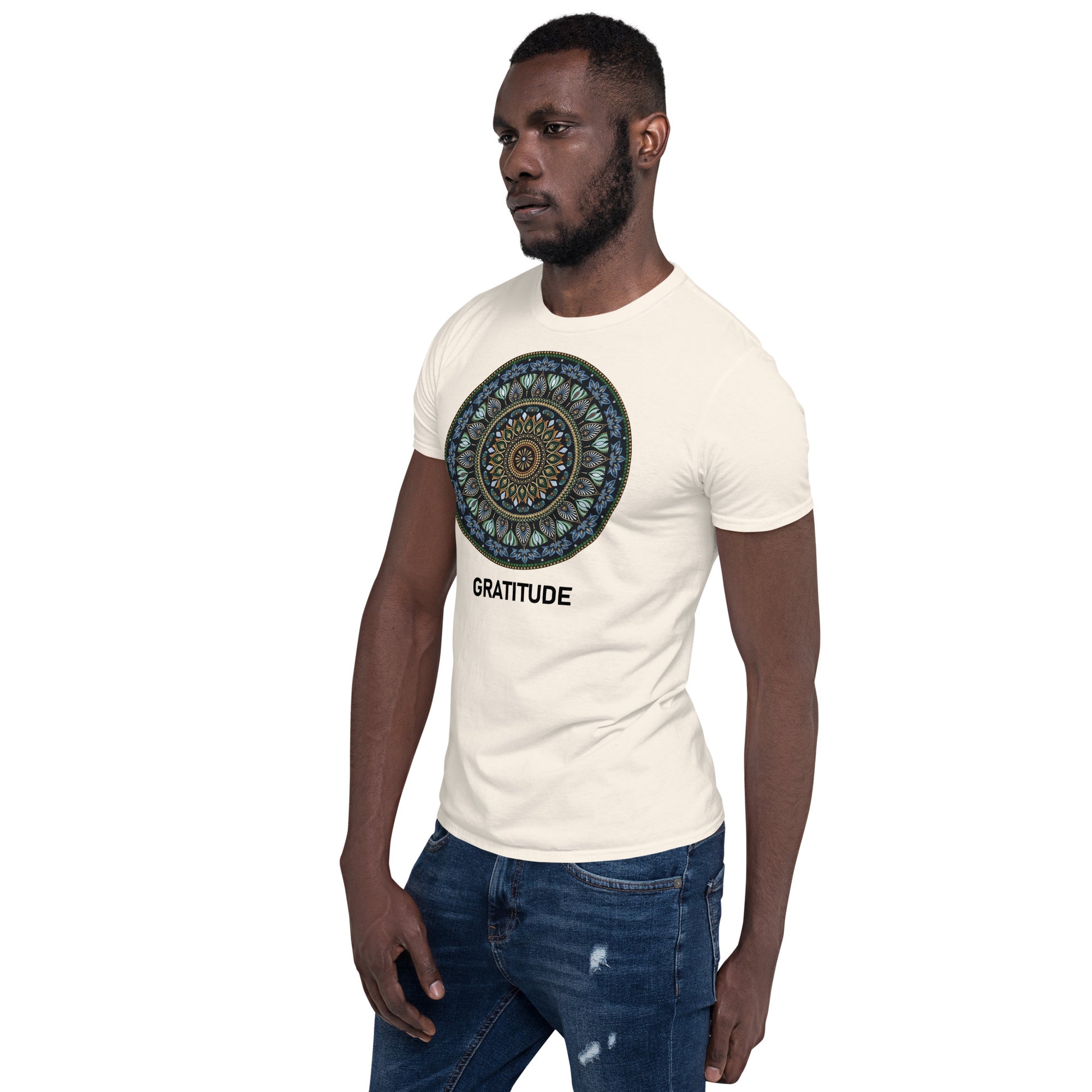 Unisex Softstyle T-Shirt (mandala green and gold rim | on front | GRATITUDE in black lettering)