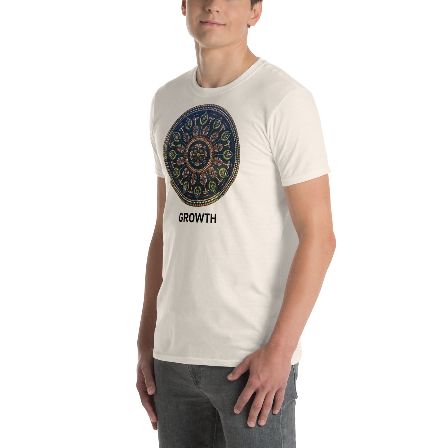 Unisex Softstyle T-Shirt (mandala with cross in the core | on front | GROWTH in black lettering)