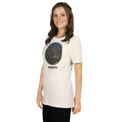 Unisex Softstyle T-Shirt (mandala with cross in the core | on front | GROWTH in black lettering)