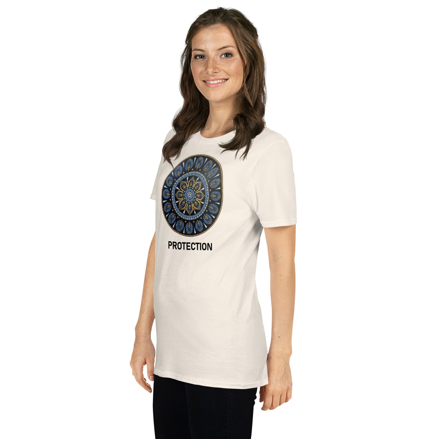 Unisex Softstyle T-Shirt (mandala with gold outer rim | on front | PROTECTION in black lettering)
