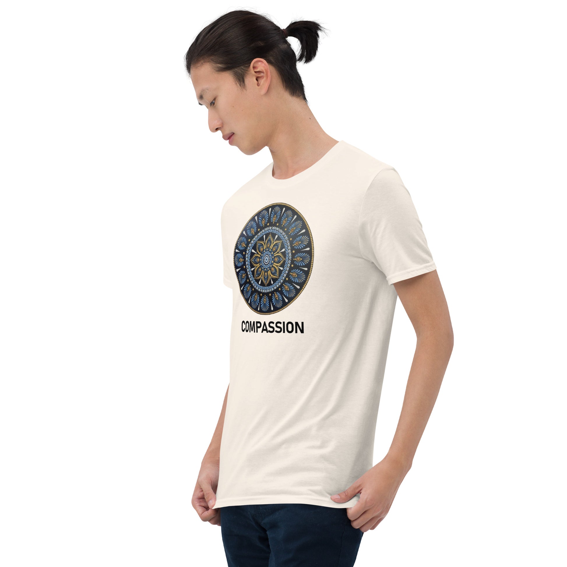 Unisex Softstyle T-Shirt (mandala with gold rim | on front | COMPASSION in black lettering)
