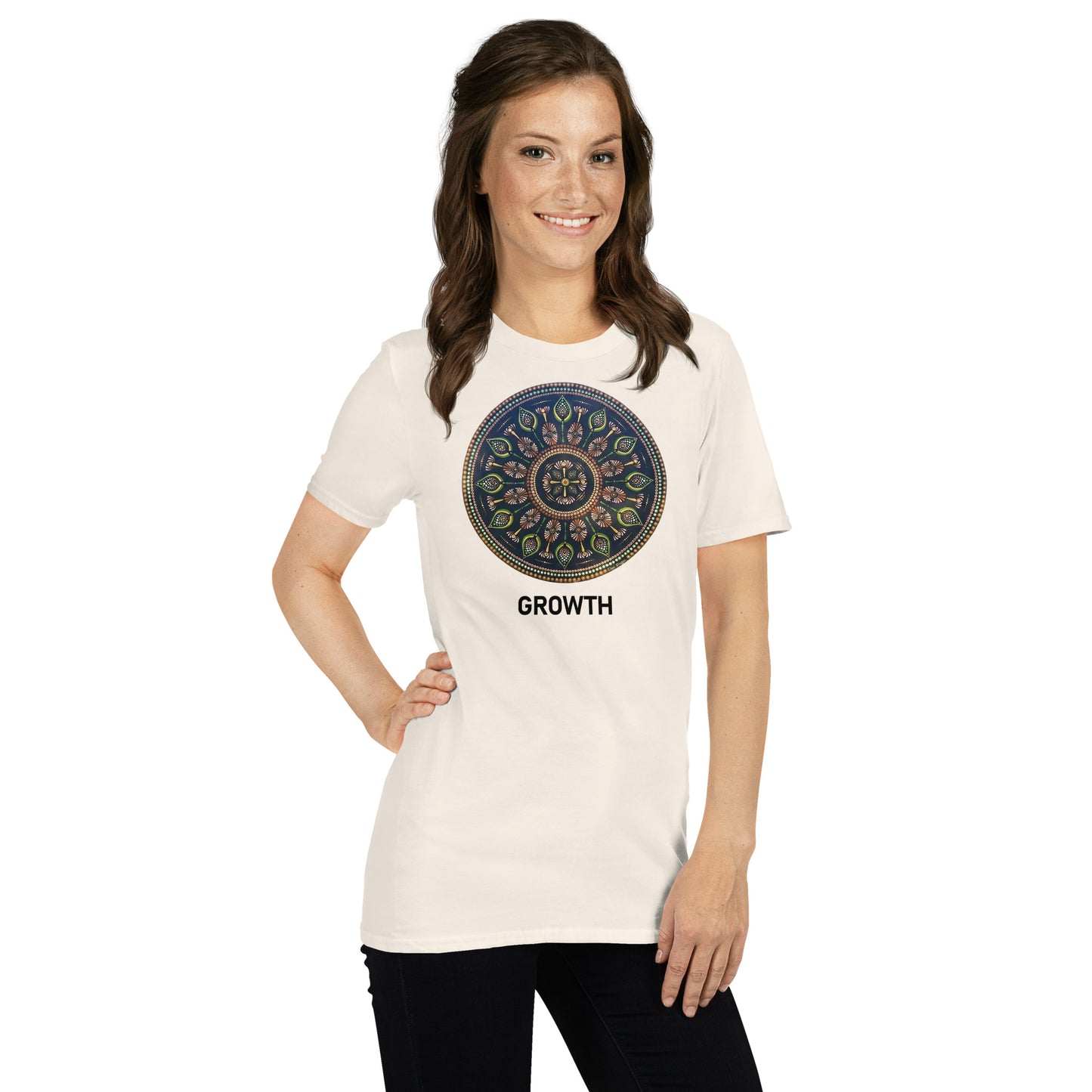 Unisex Softstyle T-Shirt (mandala with cross in the core | on front | GROWTH in black lettering)