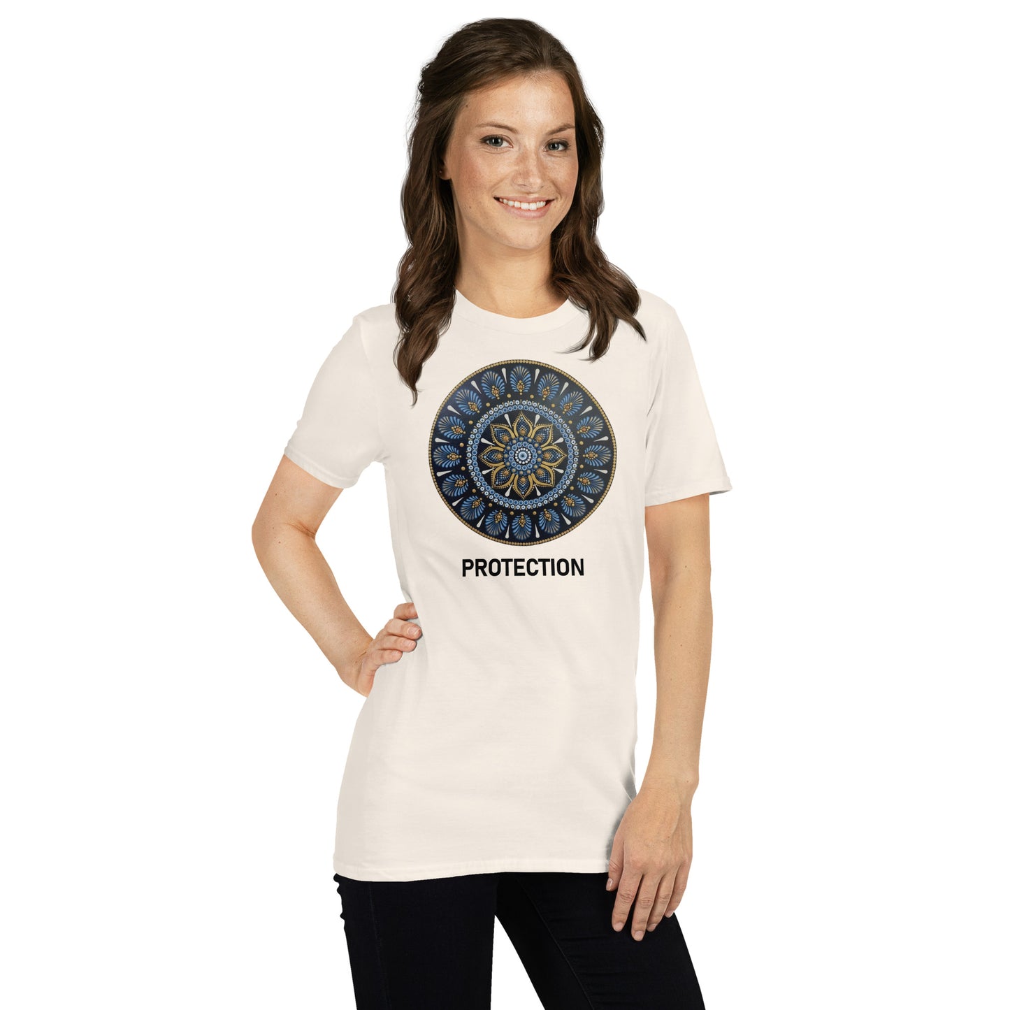 Unisex Softstyle T-Shirt (mandala with gold outer rim | on front | PROTECTION in black lettering)