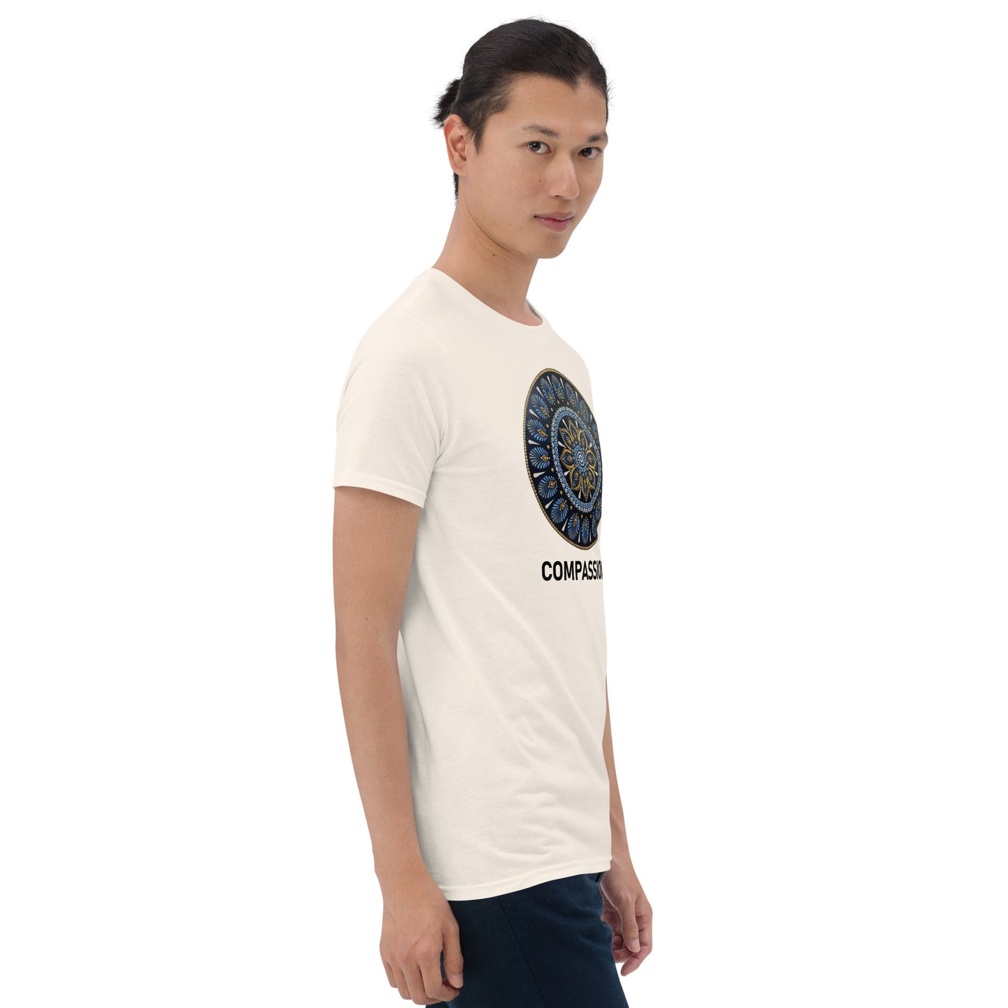 Unisex Softstyle T-Shirt (mandala with gold rim | on front | COMPASSION in black lettering)