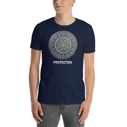 Unisex Softstyle T-Shirt (mandala with gold rim on front | PROTECTION in white lettering)