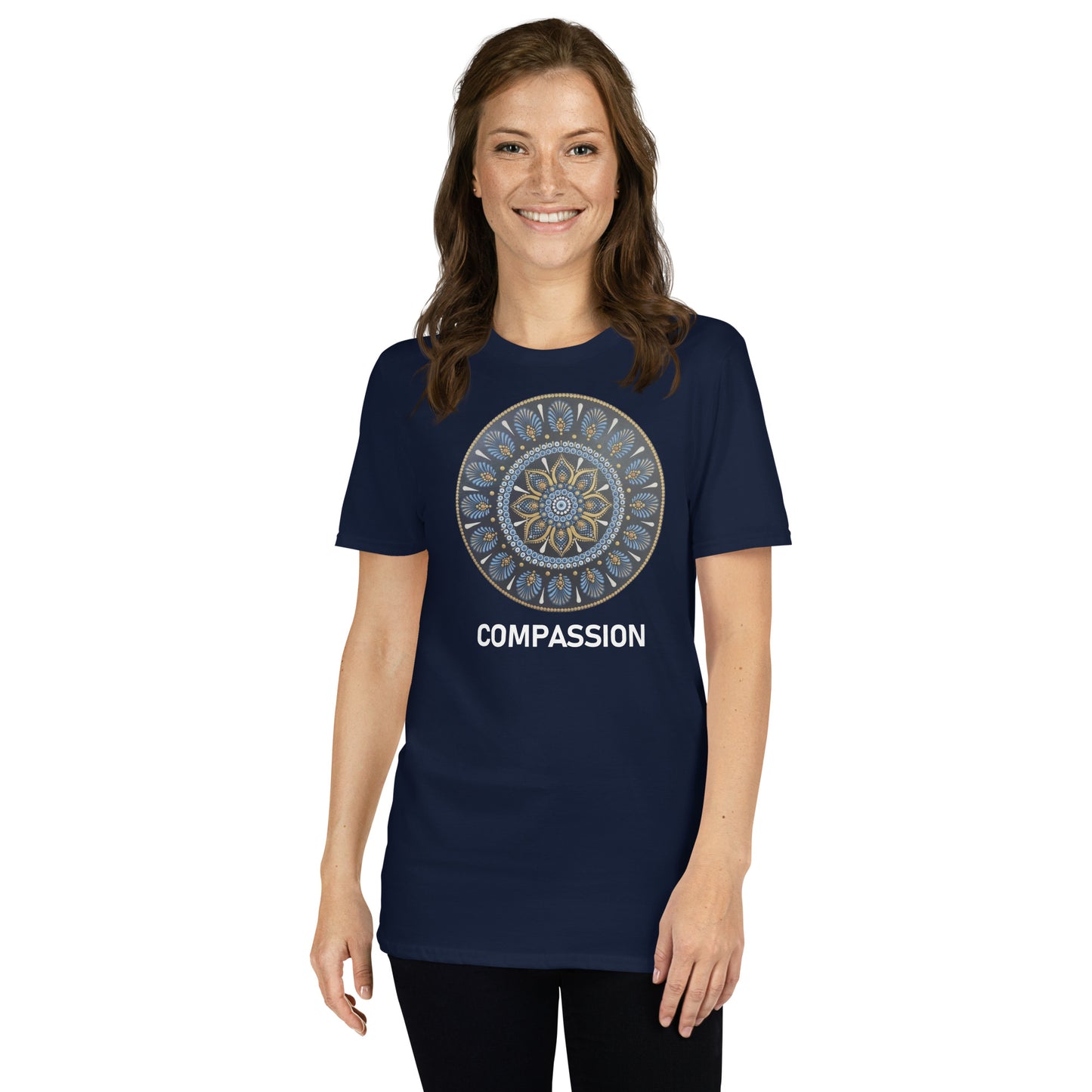 Unisex Softstyle T-Shirt (mandala with gold rim on front | COMPASSION in white lettering)