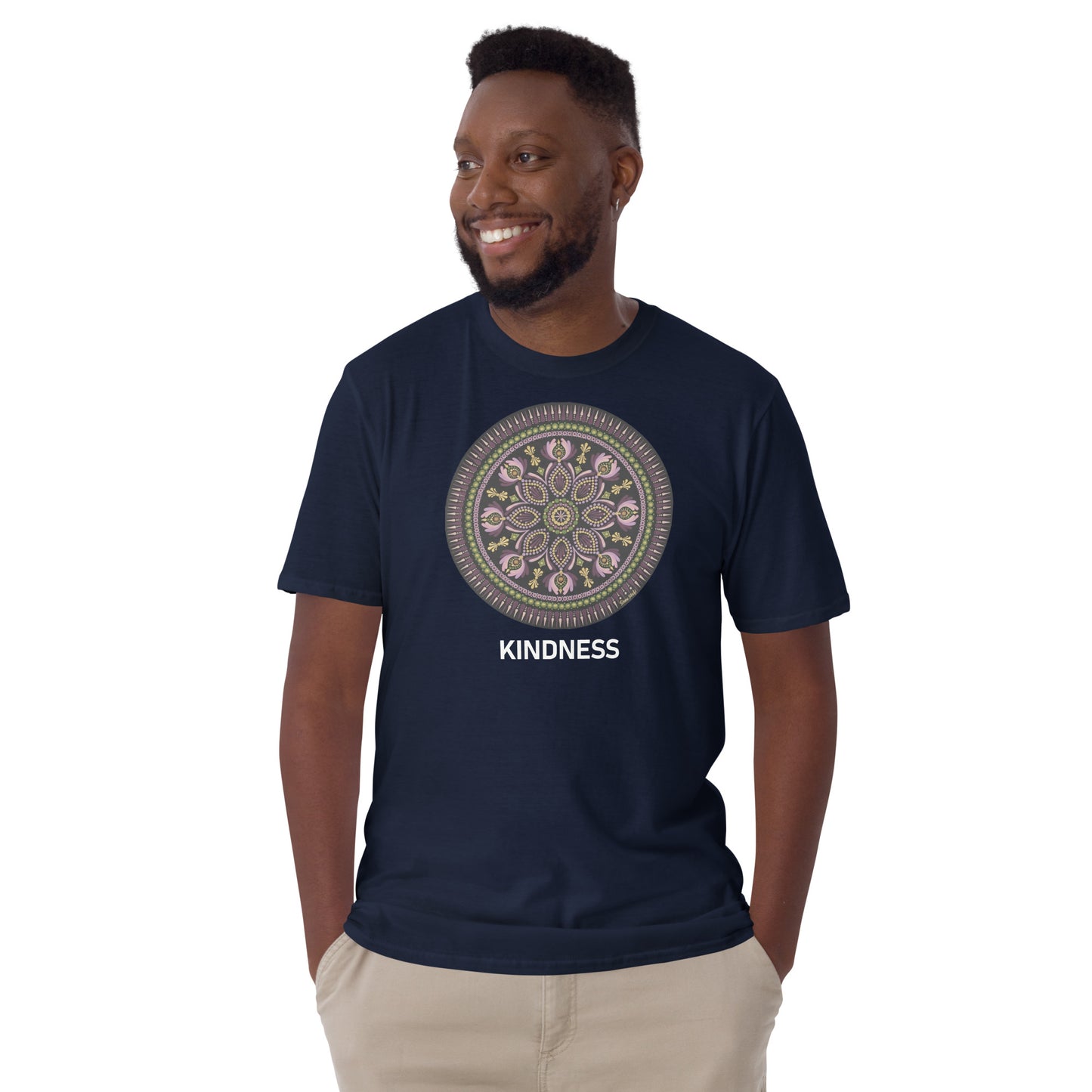 Unisex Softstyle T-Shirt (mandala with magenta rim on front | KINDNESS in white lettering)