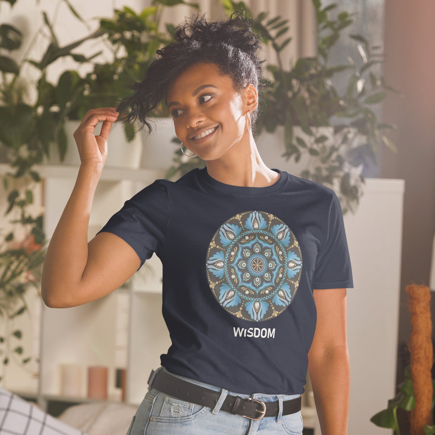 Unisex Softstyle T-Shirt (mandala with spokes in core on front | WISDOM in white lettering)