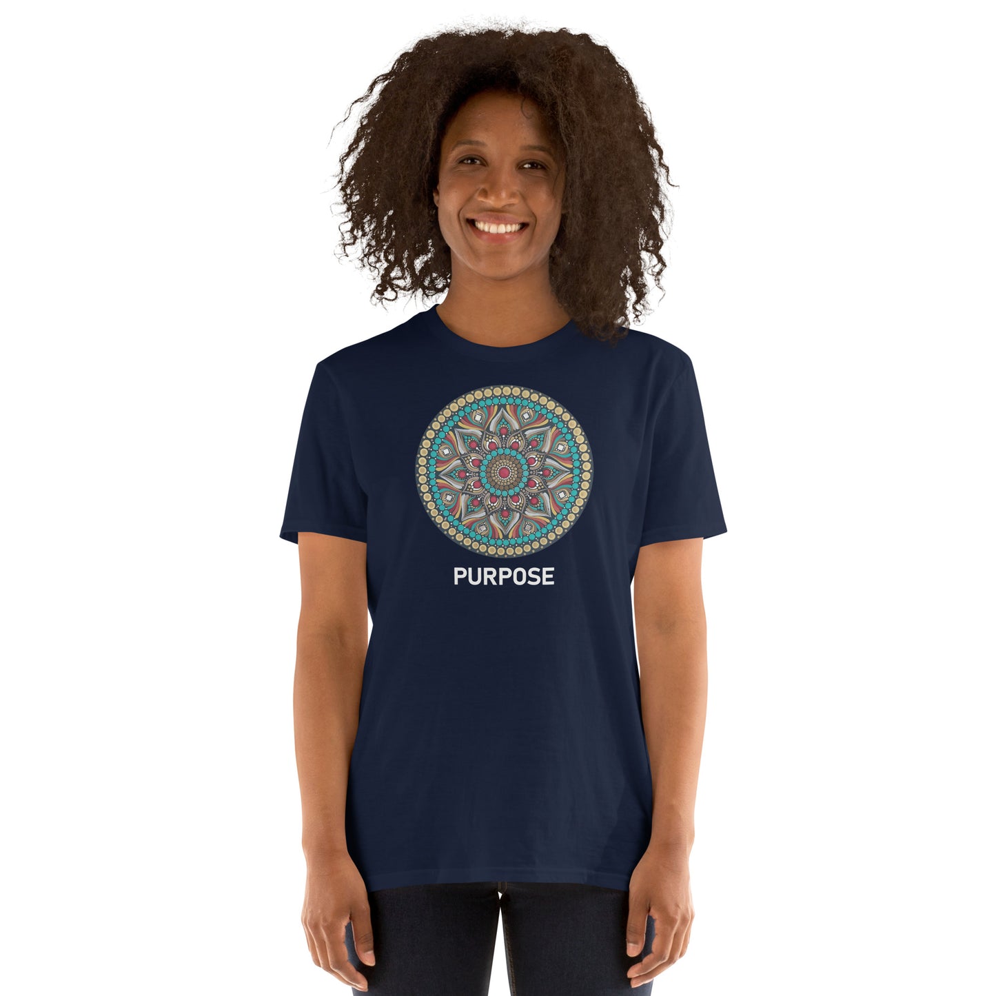 Unisex Softstyle T-Shirt (mandala with red core on front | PURPOSE in white lettering)