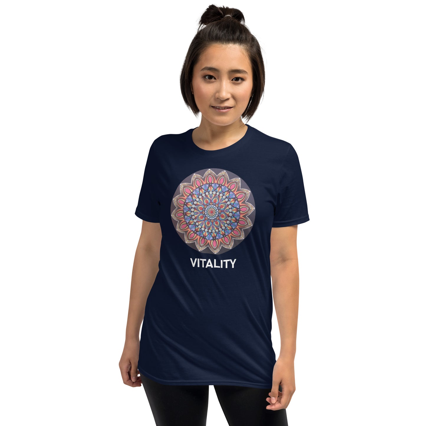 Unisex Softstyle T-Shirt (mandala with pink petals | on front | VITALITY in white lettering)
