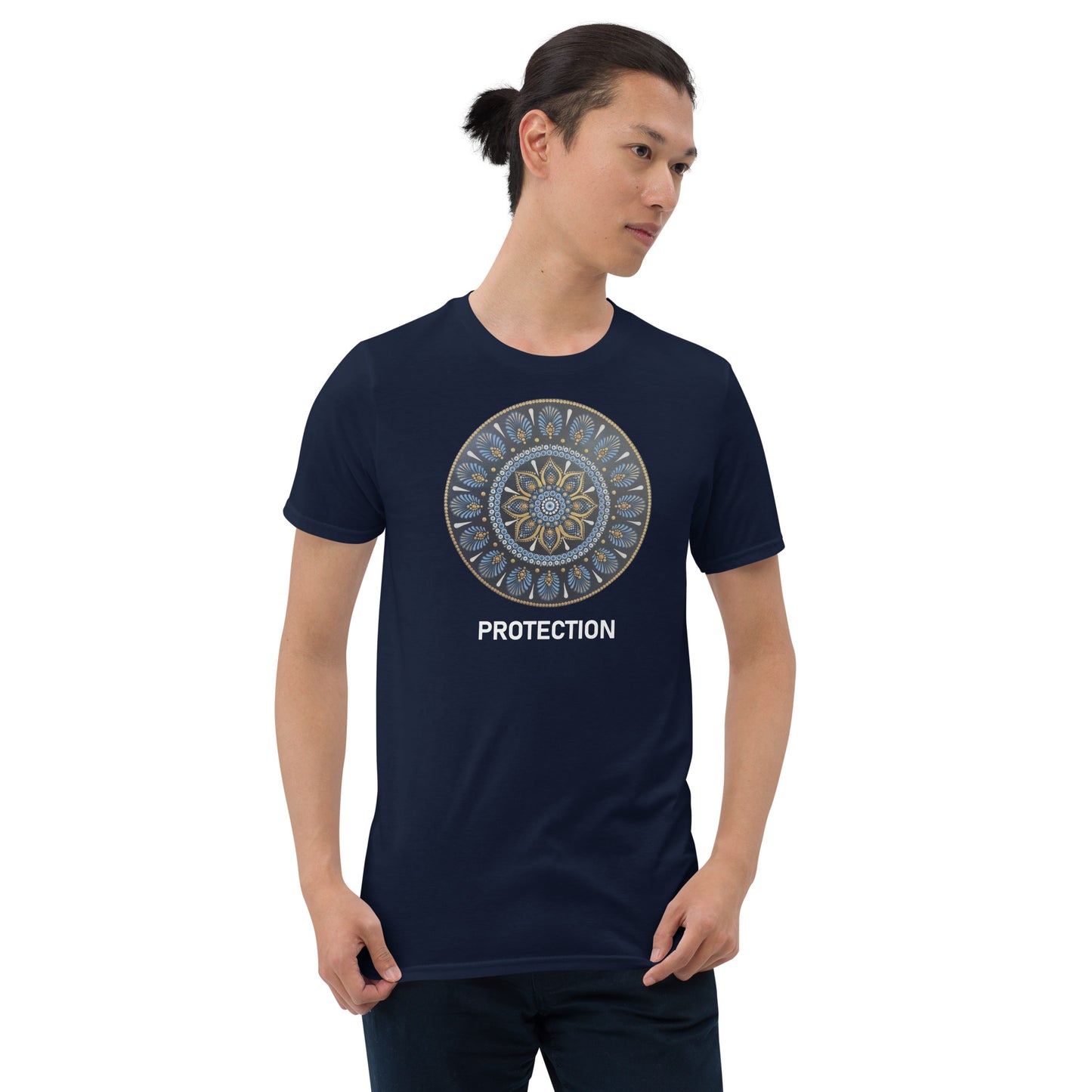 Unisex Softstyle T-Shirt (mandala with gold outer rim | on front | PROTECTION in white lettering)