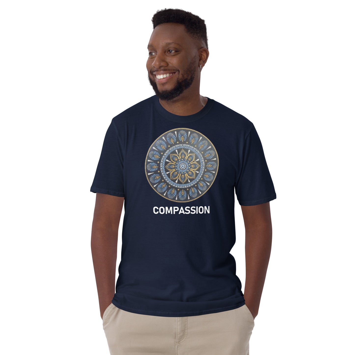 Unisex Softstyle T-Shirt (mandala with gold rim | on front | COMPASSION in white lettering)