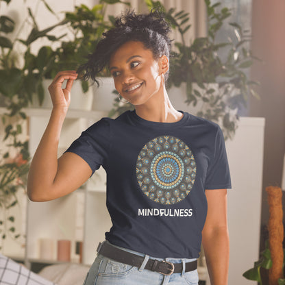 Unisex Softstyle T-Shirt (mandala with blue dots and black back | on front | MINDFULNESS in white lettering)