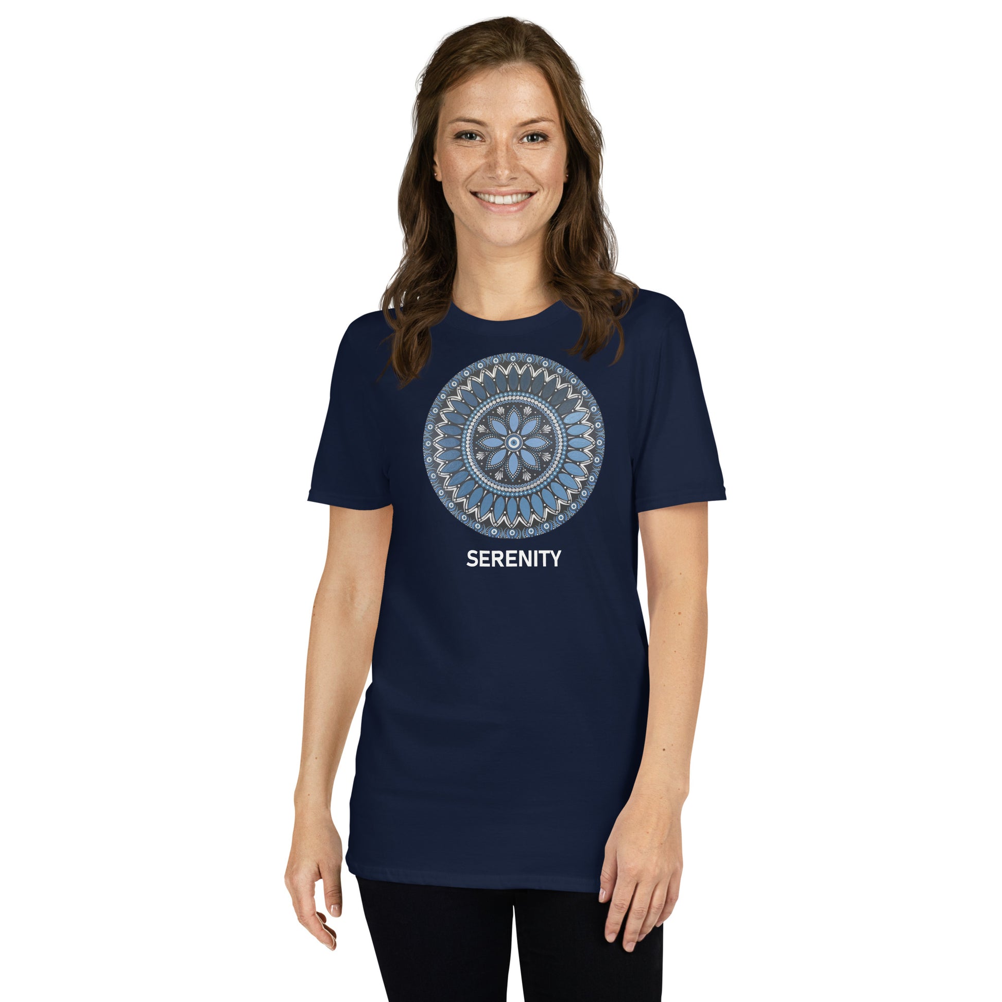 Unisex Softstyle T-Shirt (mandala with blue and white core | on front | SERENITY in white lettering)