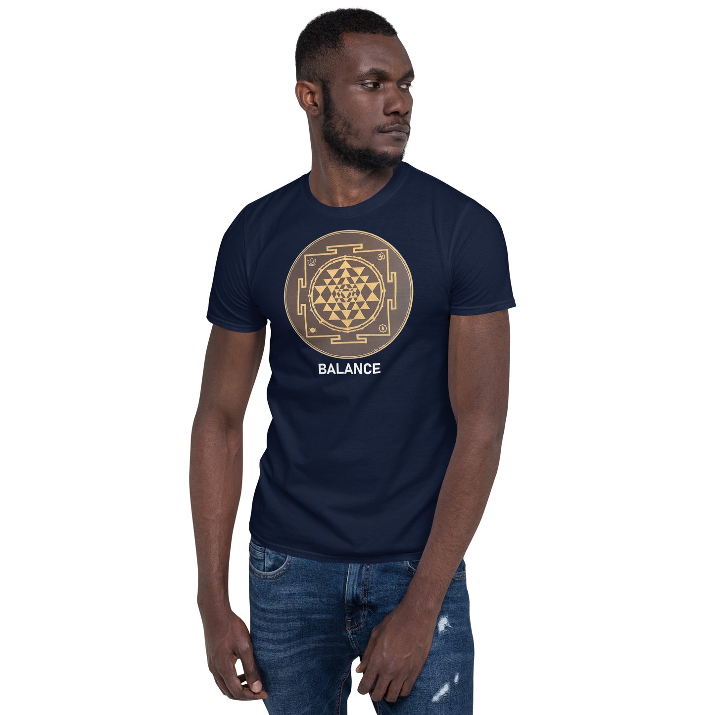Unisex Softstyle T-Shirt (brown and gold mandala | on front | BALANCE in white lettering)
