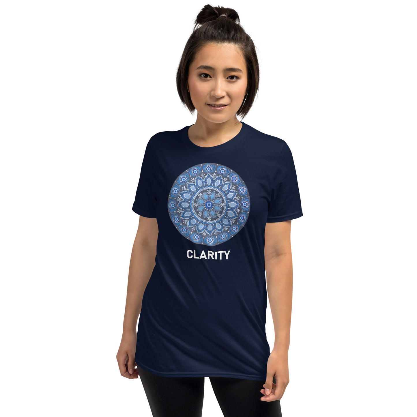 Unisex Softstyle T-Shirt (all blue mandala | on front | CLARITY in white lettering)