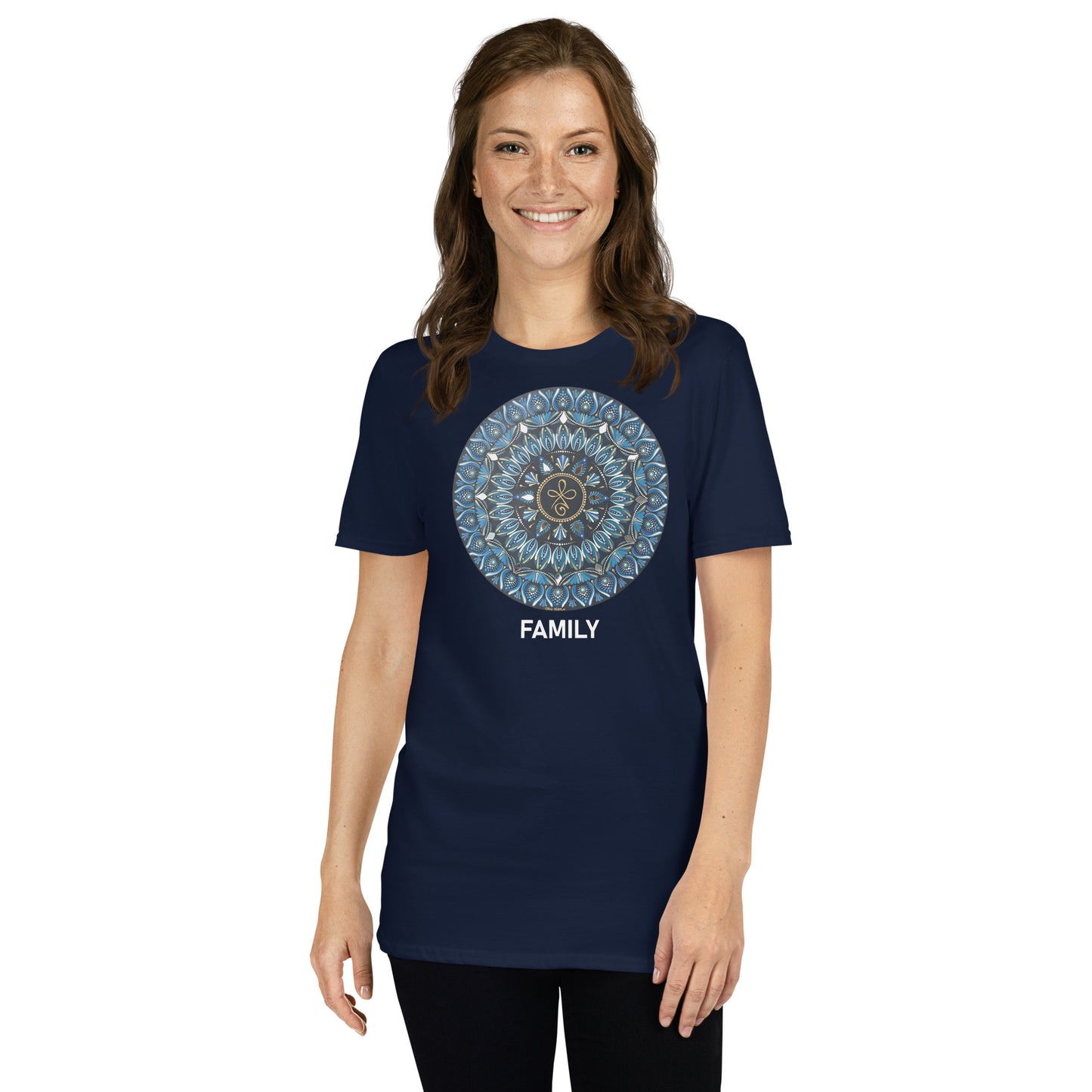 Unisex Softstyle T-Shirt (mandala with 3 loops in core | on front | FAMILY in white lettering)