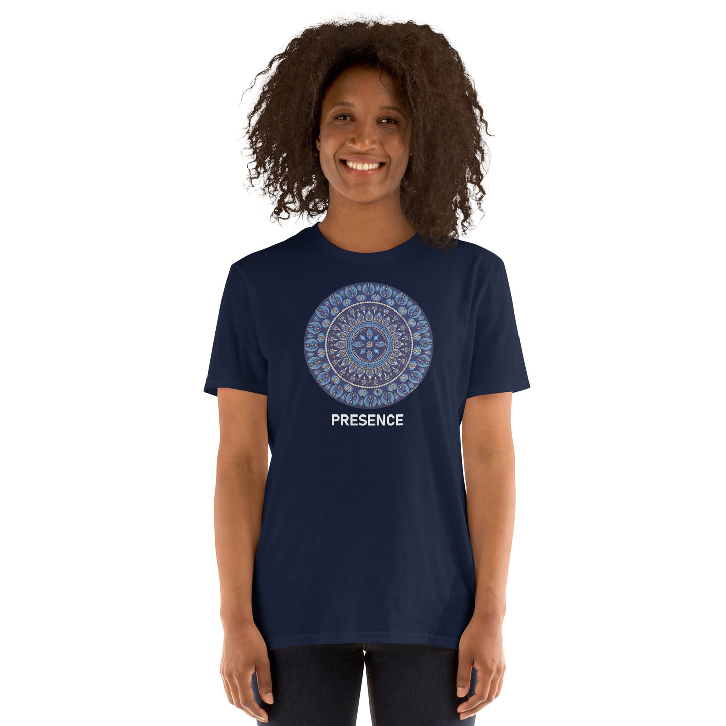 Unisex Softstyle T-Shirt (mandala with 4 diamonds | on front | PRESENCE in white lettering)