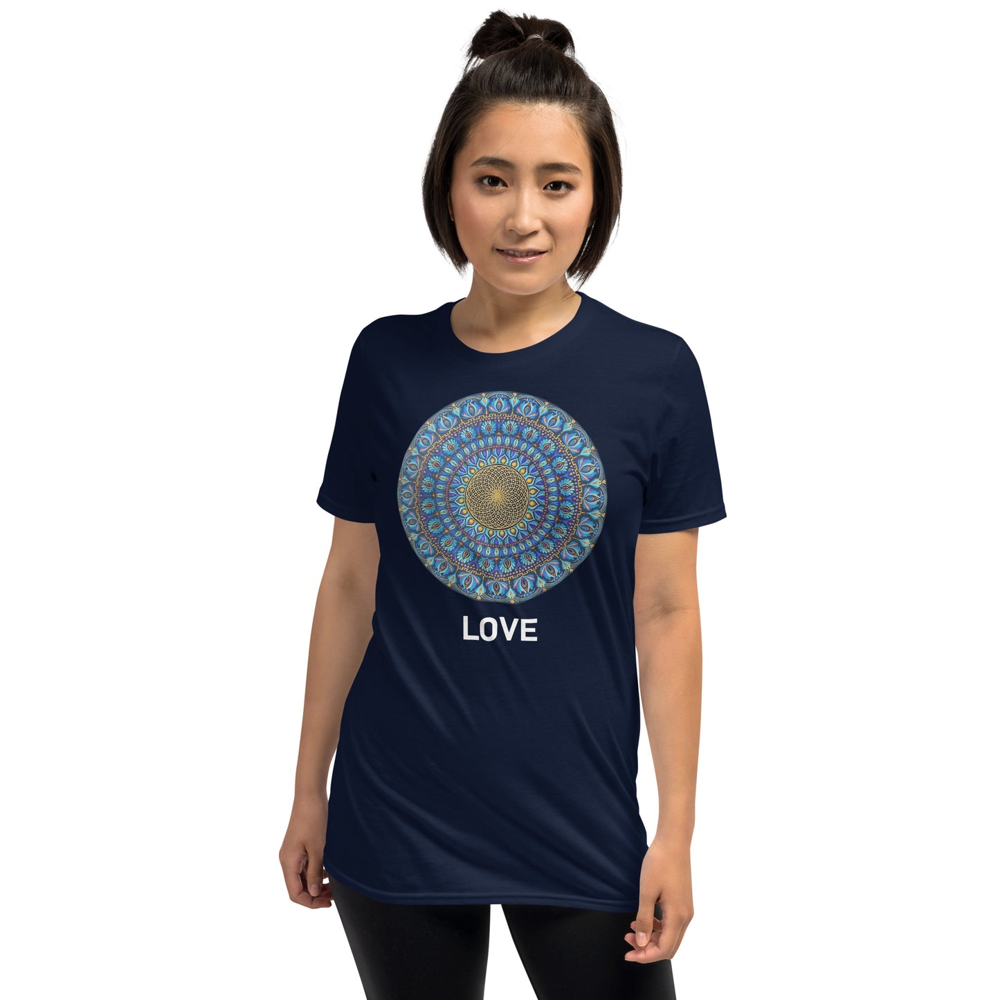 Unisex Softstyle T-Shirt (mandala with golden core | on front | LOVE in white lettering)