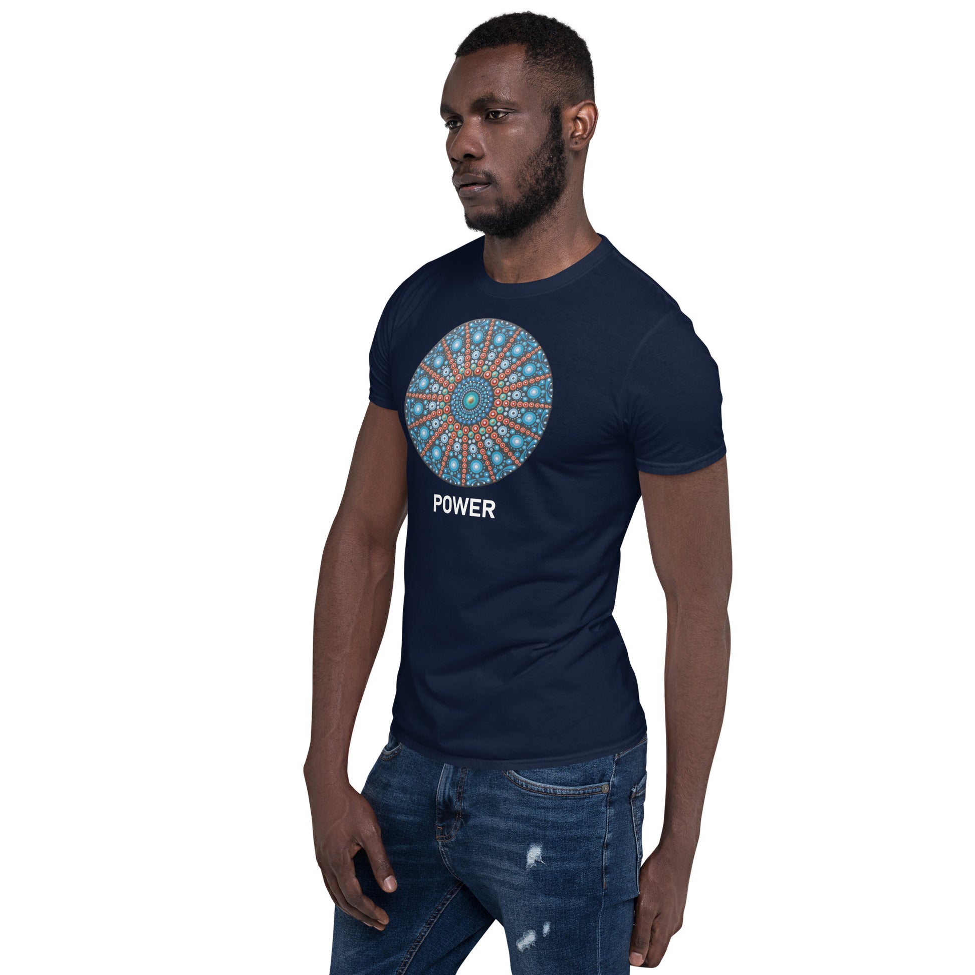 Unisex Softstyle T-Shirt (mandala with red lines | on front | POWER in white lettering)