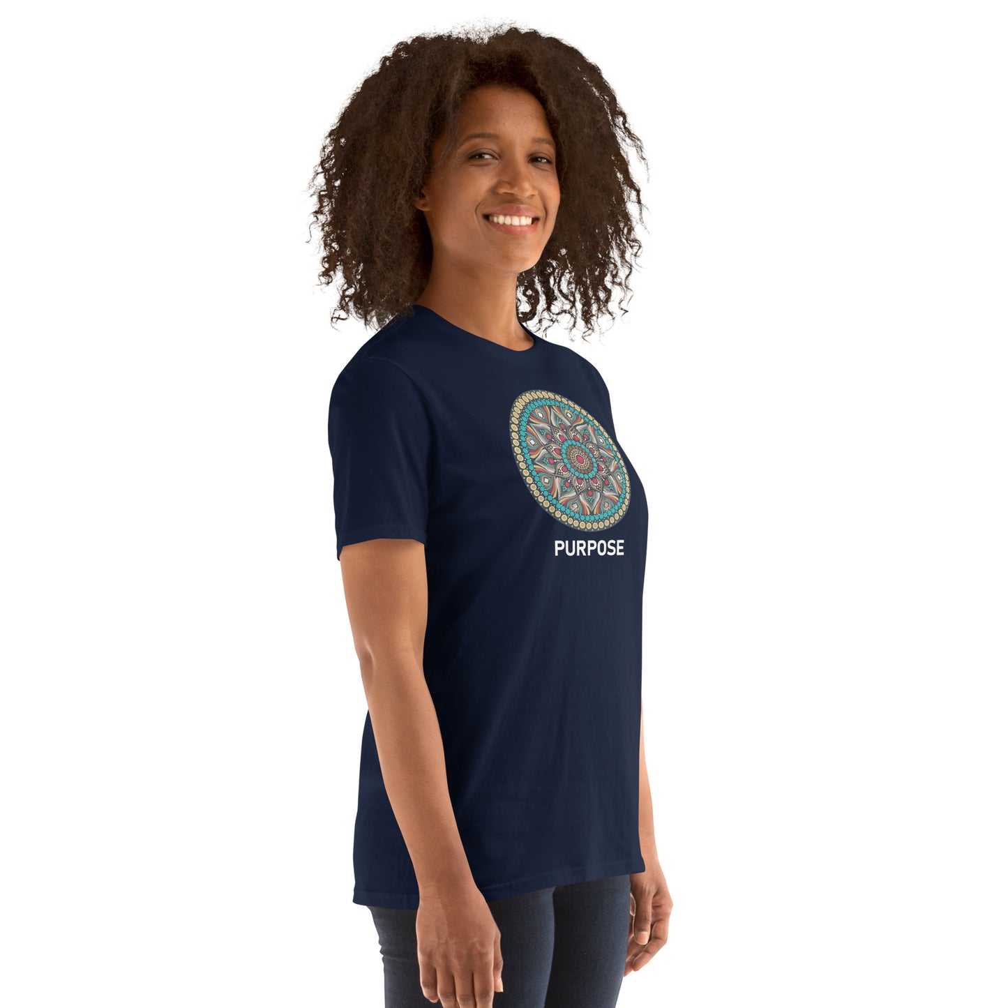 Unisex Softstyle T-Shirt (mandala with red core on front | PURPOSE in white lettering)