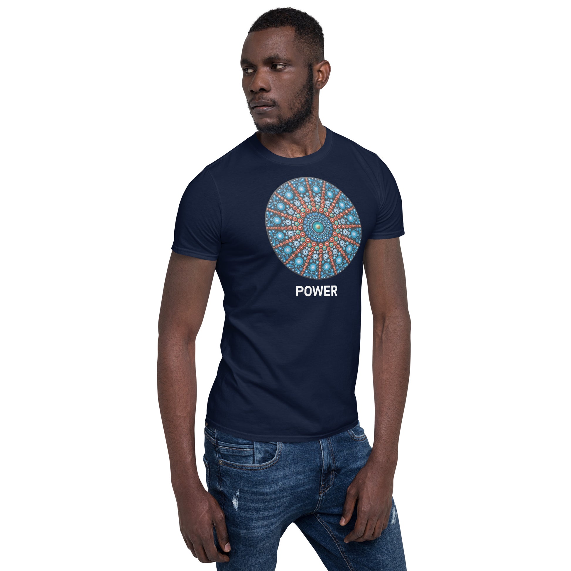 Unisex Softstyle T-Shirt (mandala with red lines | on front | POWER in white lettering)