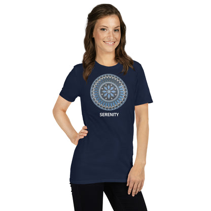 Unisex Softstyle T-Shirt (mandala with blue and white core | on front | SERENITY in white lettering)