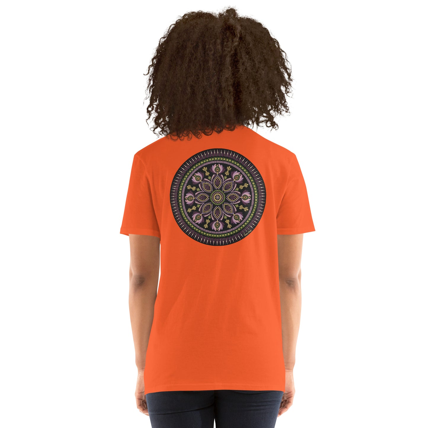 Unisex Softstyle T-Shirt (mandala with magenta rim on back | KINDNESS in black lettering on front)