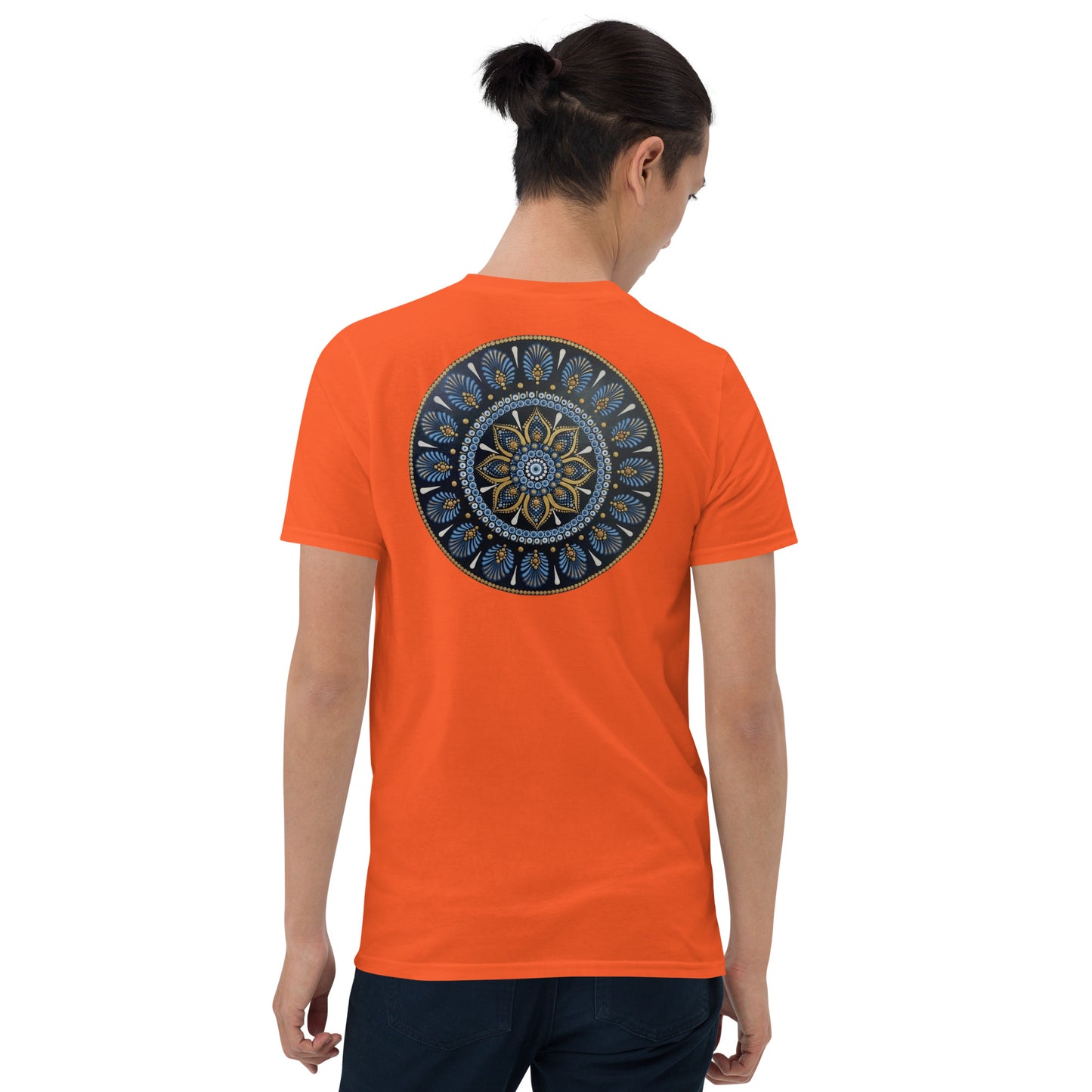 Unisex Softstyle T-Shirt (mandala with gold rim on back | PROTECTION in black lettering on front)
